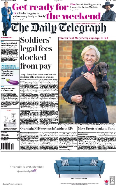 The Daily Telegraph Newspaper Front Page for 23 September 2016
