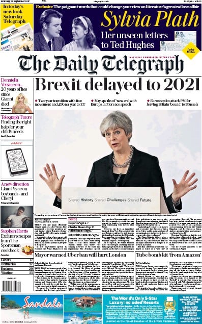 The Daily Telegraph (UK) Newspaper Front Page for 23 September 2017