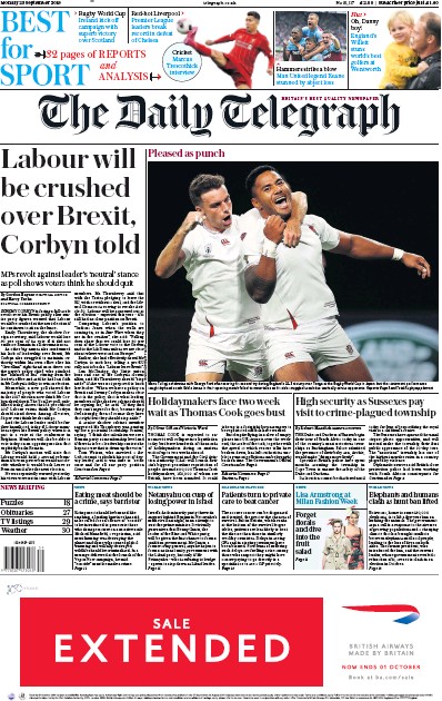 The Daily Telegraph Newspaper Front Page for 23 September 2019