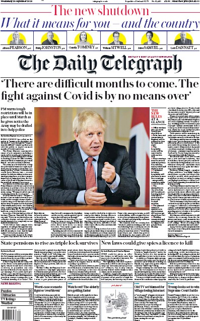 The Daily Telegraph Newspaper Front Page for 23 September 2020