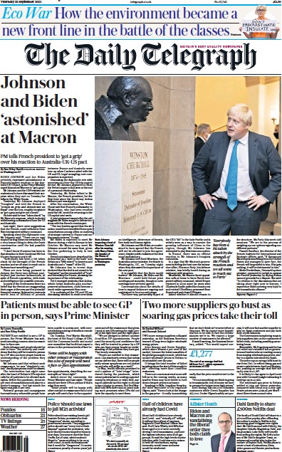 The Daily Telegraph (UK) Newspaper Front Page for 23 September 2021