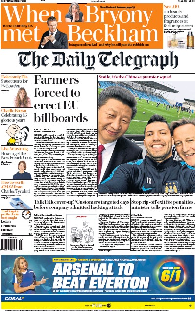 The Daily Telegraph Newspaper Front Page for 24 October 2015