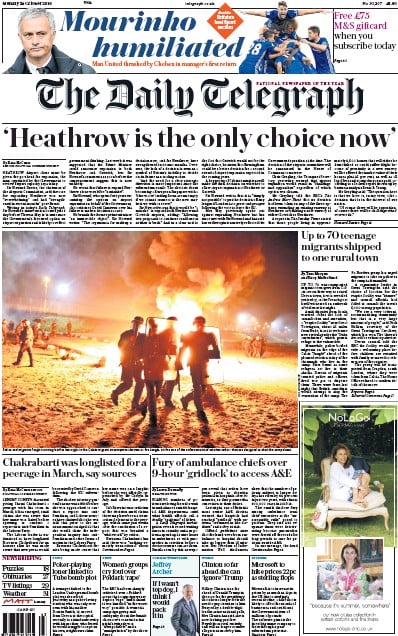 The Daily Telegraph Newspaper Front Page for 24 October 2016