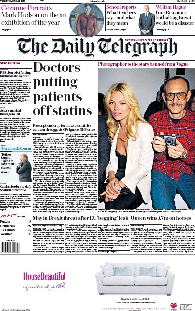 The Daily Telegraph Newspaper Front Page for 24 October 2017