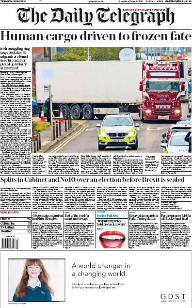 The Daily Telegraph Newspaper Front Page for 24 October 2019