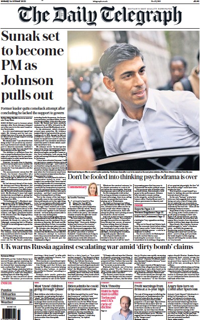 The Daily Telegraph (UK) Newspaper Front Page for 24 October 2022