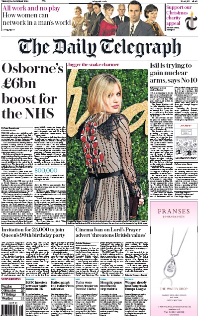 The Daily Telegraph Newspaper Front Page for 24 November 2015