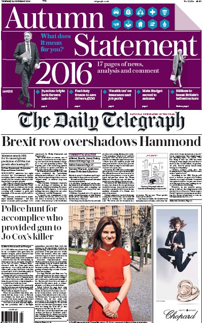 The Daily Telegraph (UK) Newspaper Front Page for 24 November 2016