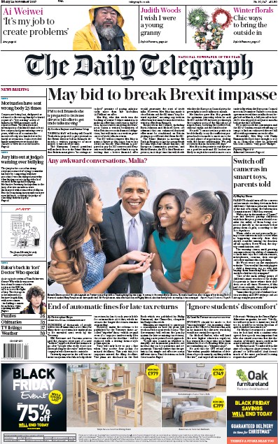 The Daily Telegraph Newspaper Front Page for 24 November 2017