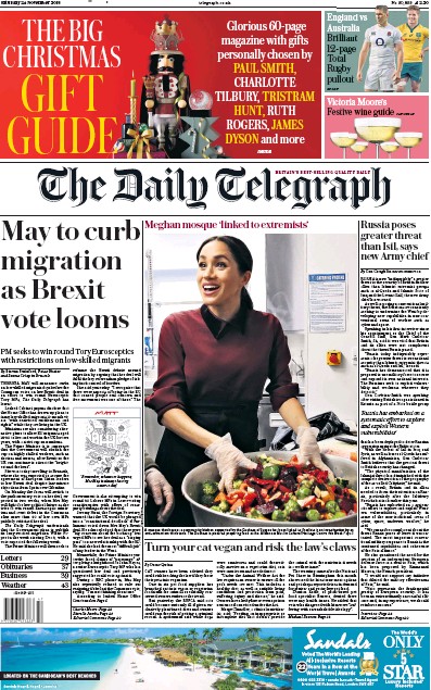 The Daily Telegraph Newspaper Front Page for 24 November 2018