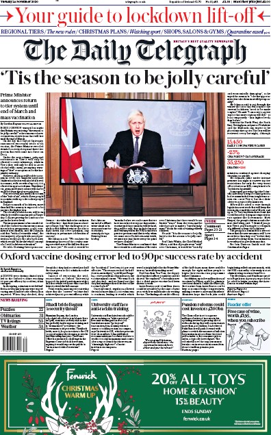 The Daily Telegraph Newspaper Front Page for 24 November 2020