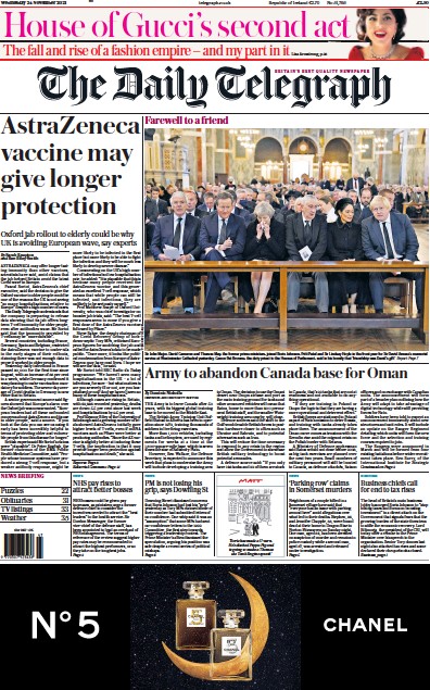 The Daily Telegraph (UK) Newspaper Front Page for 24 November 2021