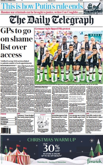 The Daily Telegraph (UK) Newspaper Front Page for 24 November 2022