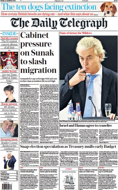The Daily Telegraph (UK) Newspaper Front Page for 24 November 2023