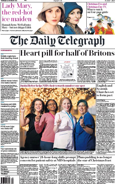 The Daily Telegraph (UK) Newspaper Front Page for 24 December 2015