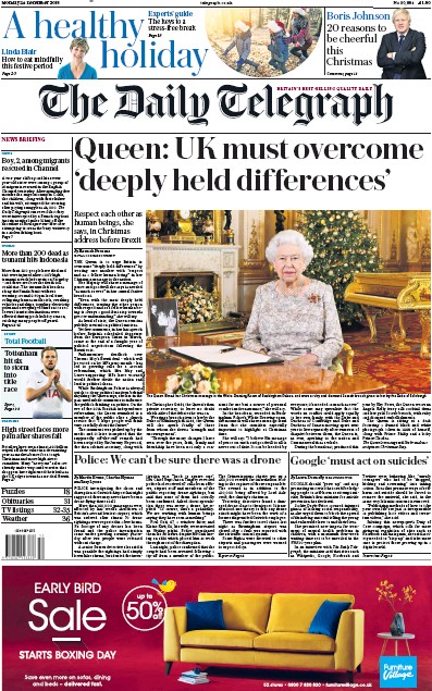 The Daily Telegraph Newspaper Front Page for 24 December 2018