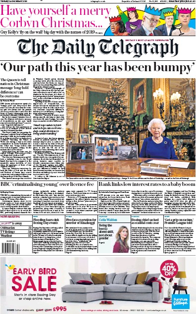 The Daily Telegraph Newspaper Front Page for 24 December 2019