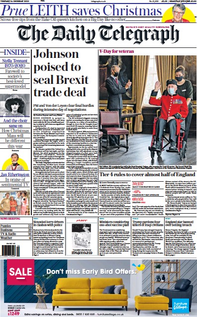 The Daily Telegraph Newspaper Front Page for 24 December 2020