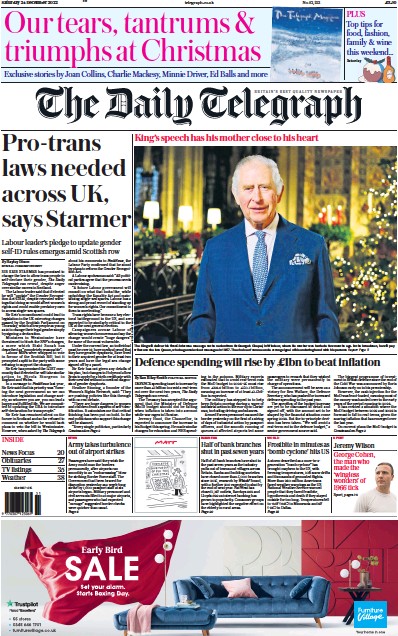 The Daily Telegraph (UK) Newspaper Front Page for 24 December 2022
