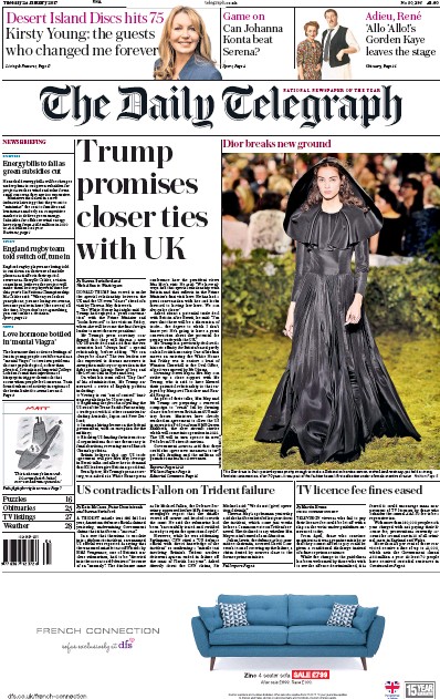 The Daily Telegraph Newspaper Front Page for 24 January 2017