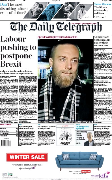 The Daily Telegraph (UK) Newspaper Front Page for 24 January 2019