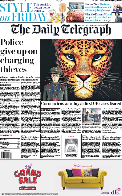The Daily Telegraph Newspaper Front Page for 24 January 2020