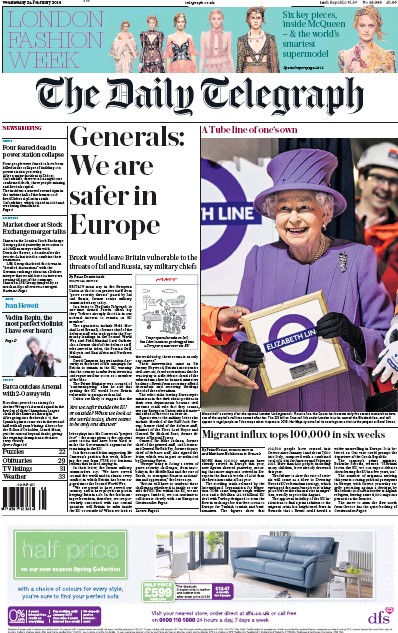 The Daily Telegraph Newspaper Front Page for 24 February 2016