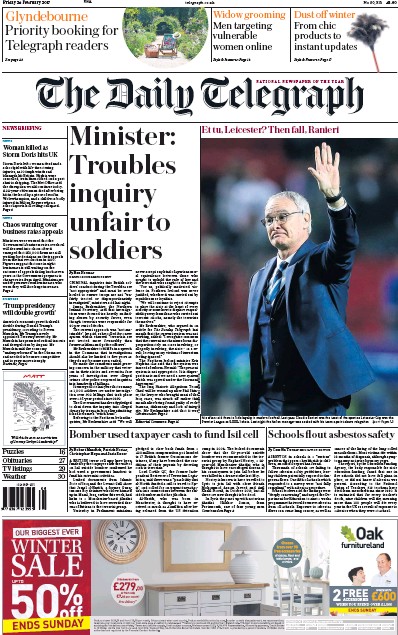The Daily Telegraph (UK) Newspaper Front Page for 24 February 2017