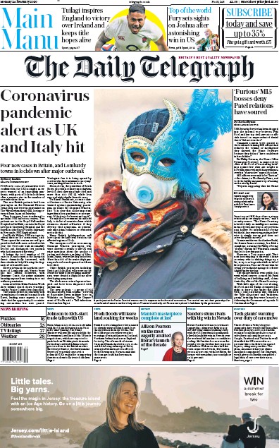 The Daily Telegraph Newspaper Front Page for 24 February 2020