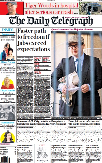 The Daily Telegraph Newspaper Front Page for 24 February 2021