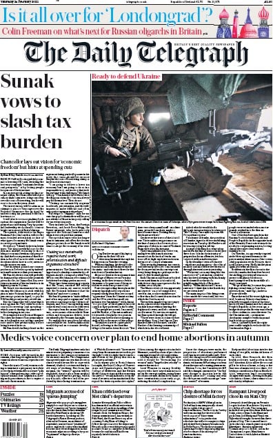The Daily Telegraph Newspaper Front Page for 24 February 2022