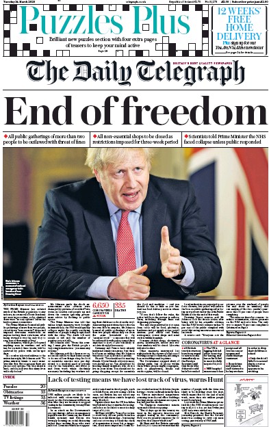 The Daily Telegraph Newspaper Front Page for 24 March 2020