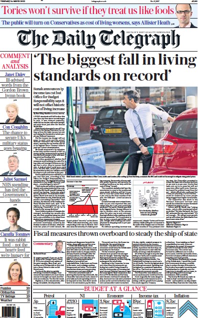 The Daily Telegraph Newspaper Front Page for 24 March 2022