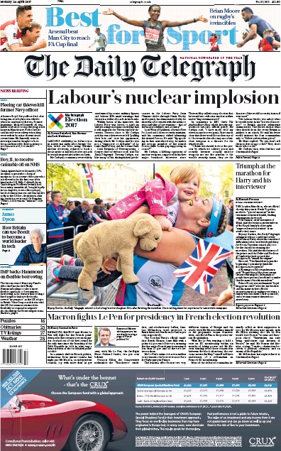 The Daily Telegraph (UK) Newspaper Front Page for 24 April 2017