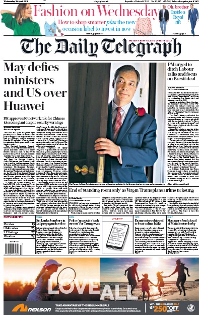 The Daily Telegraph Newspaper Front Page for 24 April 2019