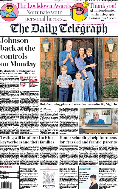 The Daily Telegraph (UK) Newspaper Front Page for 24 April 2020