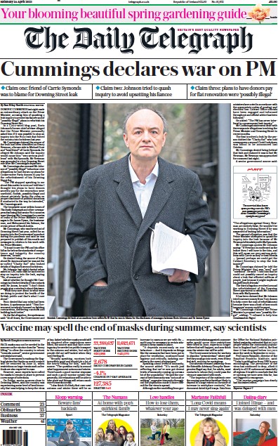 The Daily Telegraph (UK) Newspaper Front Page for 24 April 2021