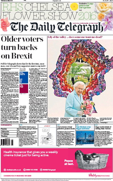 The Daily Telegraph Newspaper Front Page for 24 May 2016