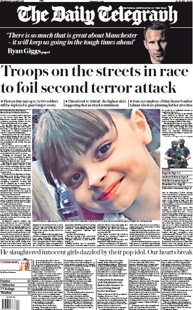 The Daily Telegraph Newspaper Front Page for 24 May 2017
