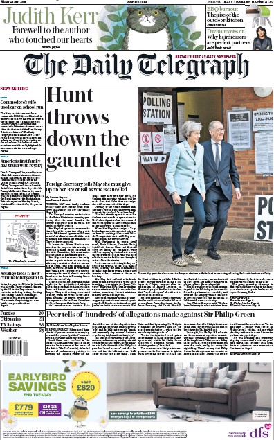 The Daily Telegraph Newspaper Front Page for 24 May 2019