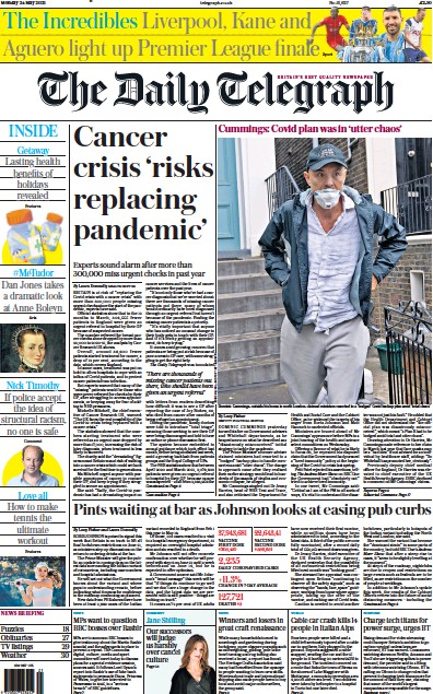 The Daily Telegraph Newspaper Front Page for 24 May 2021