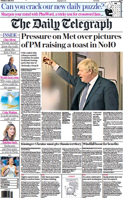 The Daily Telegraph (UK) Newspaper Front Page for 24 May 2022