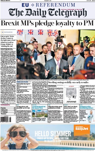 The Daily Telegraph Newspaper Front Page for 24 June 2016
