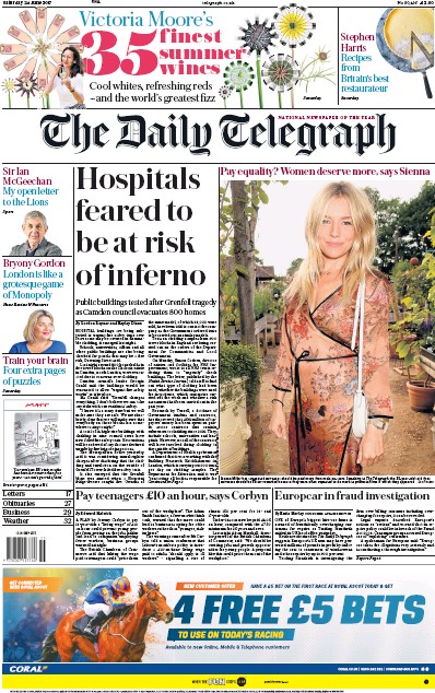 The Daily Telegraph Newspaper Front Page for 24 June 2017