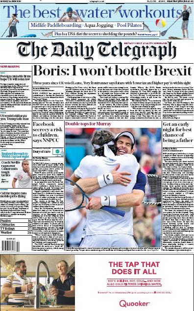 The Daily Telegraph Newspaper Front Page for 24 June 2019