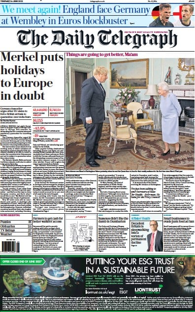 The Daily Telegraph (UK) Newspaper Front Page for 24 June 2021