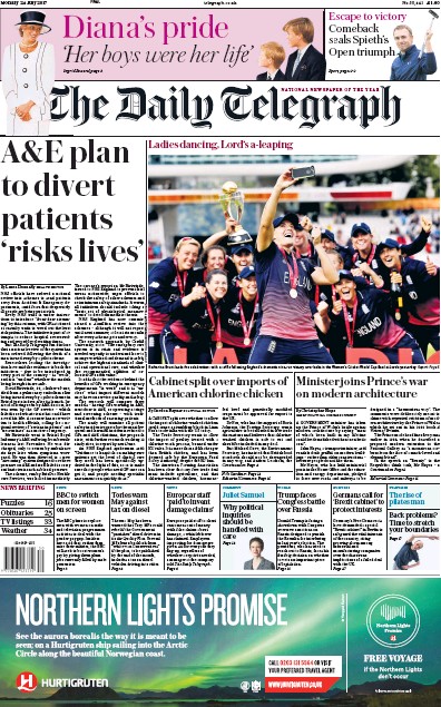 The Daily Telegraph Newspaper Front Page for 24 July 2017