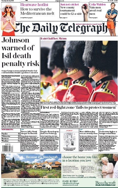 The Daily Telegraph Newspaper Front Page for 24 July 2018