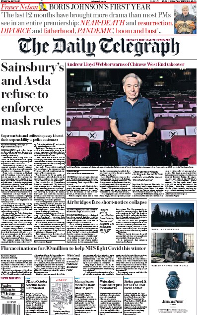 The Daily Telegraph Newspaper Front Page for 24 July 2020