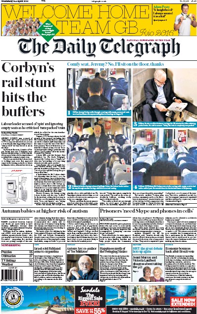 The Daily Telegraph (UK) Newspaper Front Page for 24 August 2016